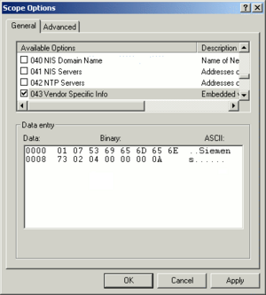 Values for option 43 using a German Windows 2000 DHCP server, as described in the configuration example.